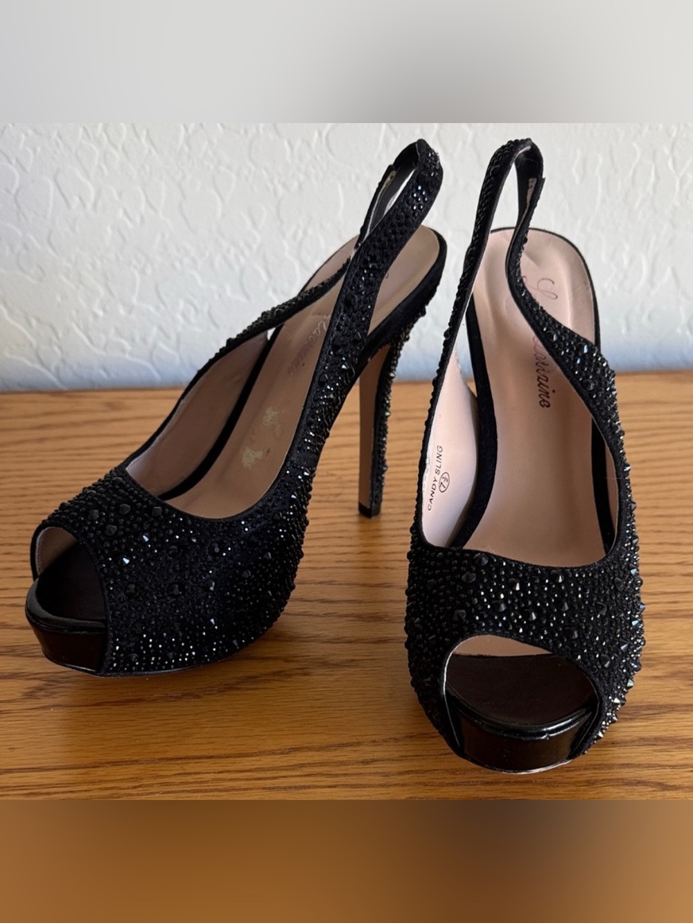 Lauren Lorraine Candy Sling Black Rhinestone Peep Toe Heels Size 7.5 - Picture 4 of 10